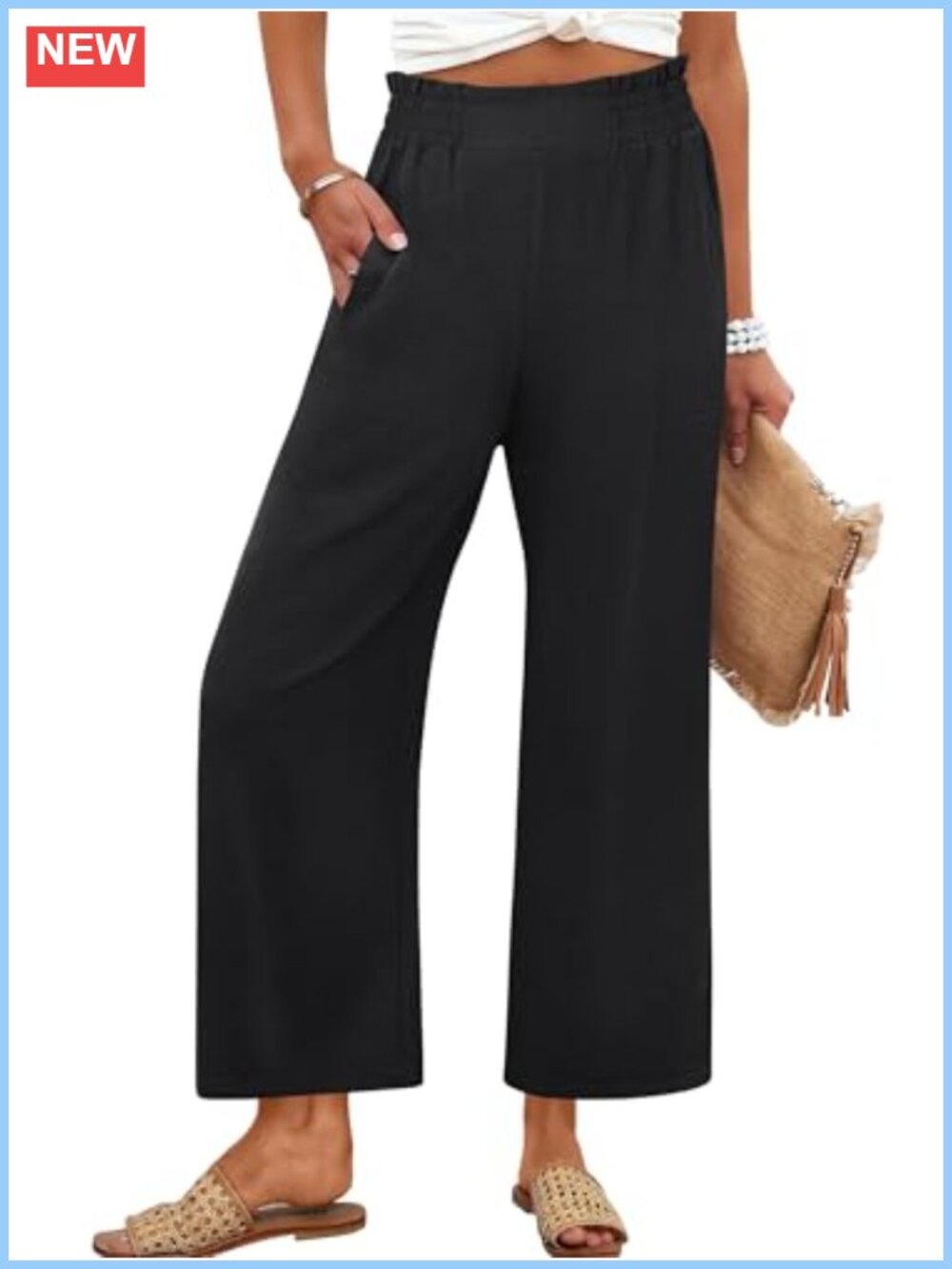 Women's Wide Leg Cropped Palazzo Pants Pull On Elastic Waist Pockets
